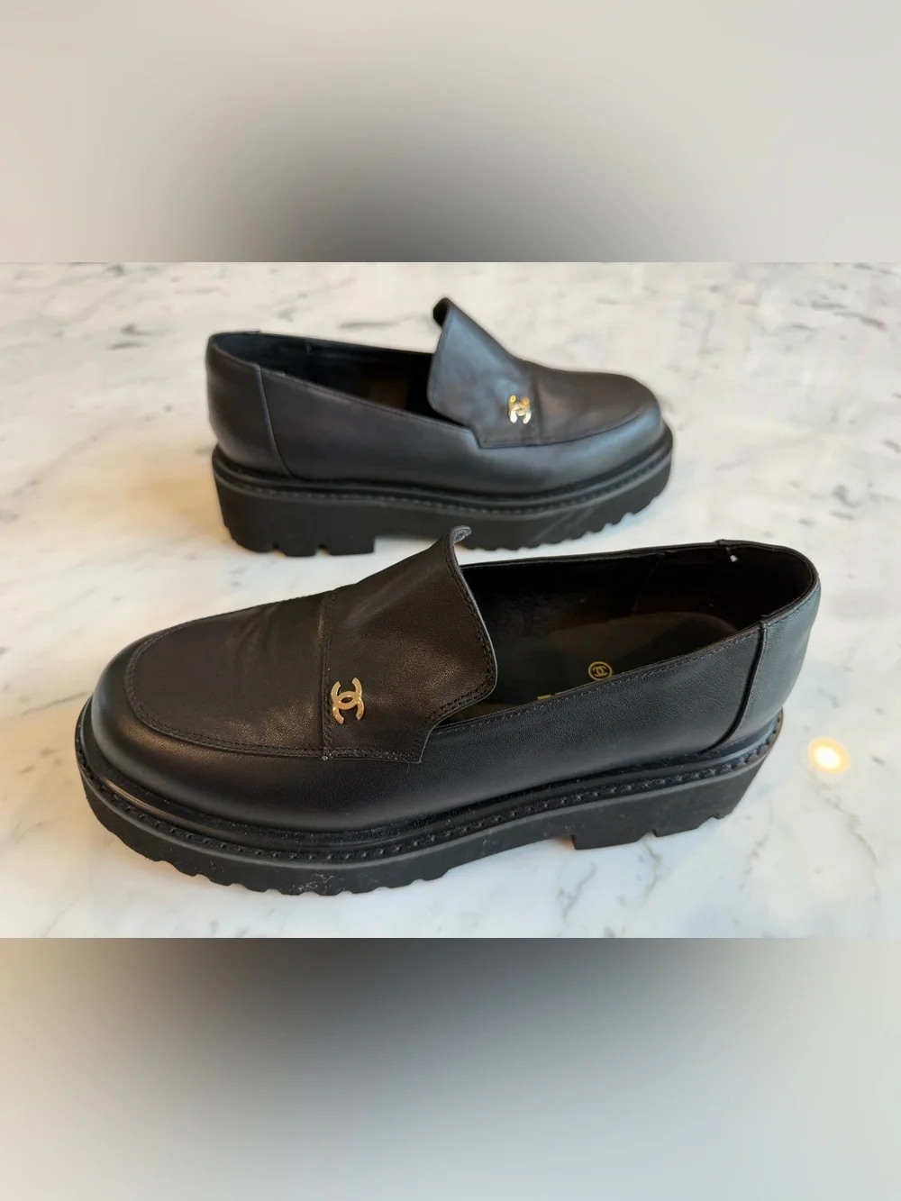 NotChanel Women's Black Leather Platform Loafers Size 39/8 US